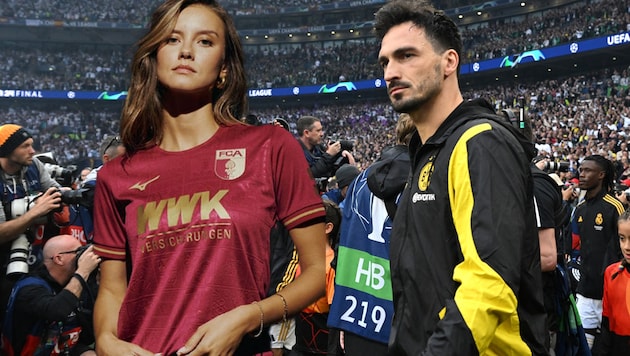 Nicola Cavanis (li.) trägt schon das neue Augsburg-Leiberl – ihr Freund Mats Hummels auch bald? (Bild: APA/AFP/INA FASSBENDER, Instagram.com/fcaugsburg1907)