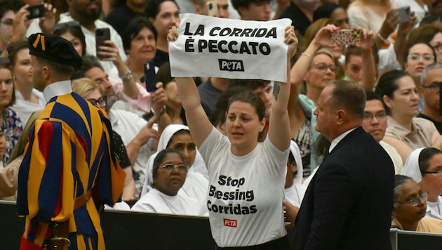 Eine Aktivistin trug ein weißes Shirt dem Slogan „Stop Blessing Corridas“ („Hört auf, Stierkämpfe zu segnen“). (Bild: AFP)