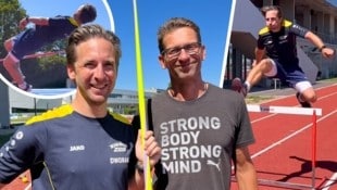 Mit Hängen und Würgen plagte sich „Krone“-Redakteur Harald Dworak gemeinsam mit Trainer Philipp Unfried durch den Siebenkampf. (Bild: Dworak/Wiesmeyer)