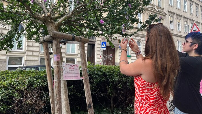 Fans decorate the tree with bracelets they have made themselves.
