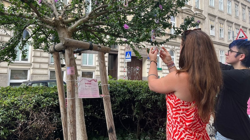 Fans decorate the tree with bracelets they have made themselves. (Bild: Hannah Michaeler)