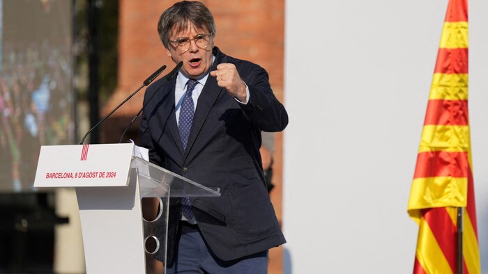 Kataloniens Separatistenführer Carles Puigdemont agitiert eifrig auf der Bühne.