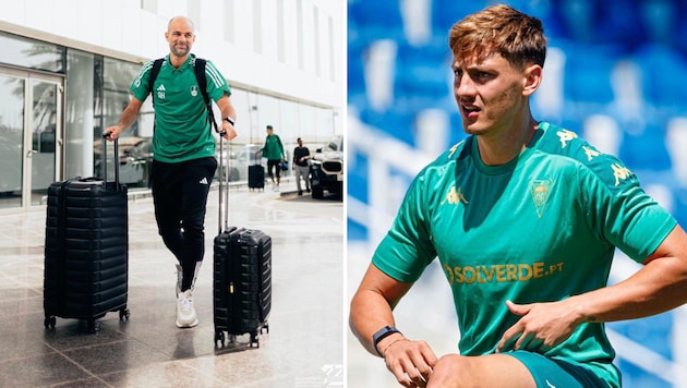 Al-Ahli co Alex Hauser on the trip to his new home (left). Felix Bacher in Estoril kit. (Bild: zVg)