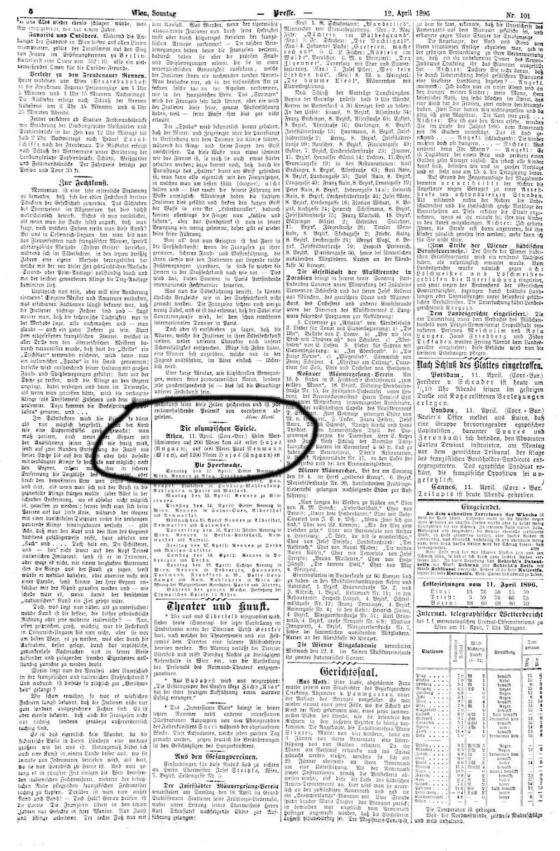 Vierzeiler über den Olympiasieg (Bild: „Morgen-Presse“, 12. April 1896, ÖNB/ANNO)