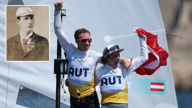 Lara Vadlau and Lukas Mähr followed in the footsteps of Paul Neumann, Austria's first Olympic champion, (small picture) and won gold. (Bild: GEPA/ÖOC)