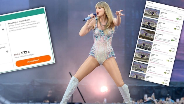 The prices for Taylor Swift concerts are not for the small purse. (Bild: AP ( via APA) Austria Presse Agentur/Claudio Furlan/LaPresse, Krone kreativ)