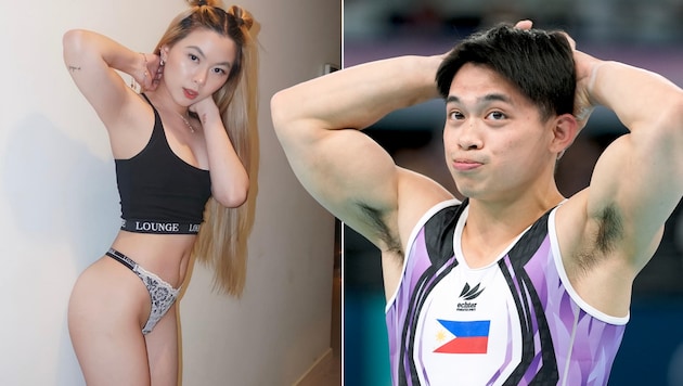 Carlos Edriel Yulo is dating influencer Chloe Anjeleigh San Jose. (Bild: AP ( via APA) Austria Presse Agentur/ASSOCIATED PRESS, Instagram/chloeanjeleigh)