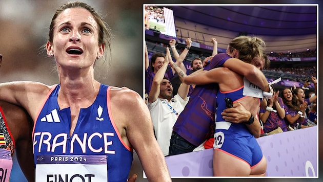 Alice Finot ging nach dem Finale vor ihrem Freund auf die Knie. (Bild: AFP/APA/Anne-Christine POUJOULAT, X/jeuxolympiques)