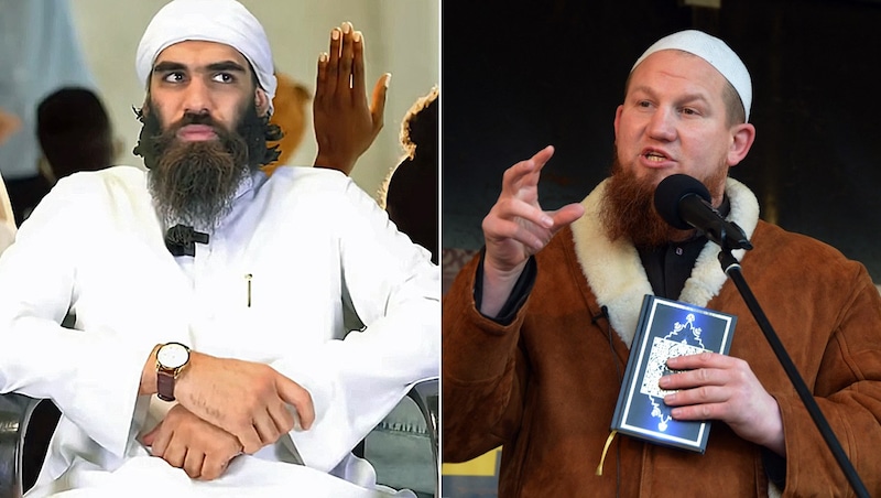 TikTok-Salafist Ibrahim El-Azzazi alias „Sheikh Ibrahim“ (li.) und der deutsche Prediger Pierre Vogel (Bild: Screenshot TikTok, AFP)