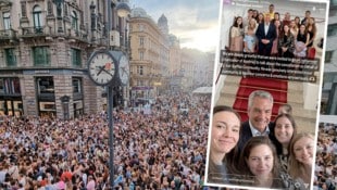 Kanzler Karl Nehammer tröstete am Freitag spontan eine Delegation von Swifties und wurde dabei selbst „einer mit Armbändchen.“ (Bild: Krone KREATIV/APA/Wolfgang Hauptmann; instagram.com/swiftienightsvienna;,)