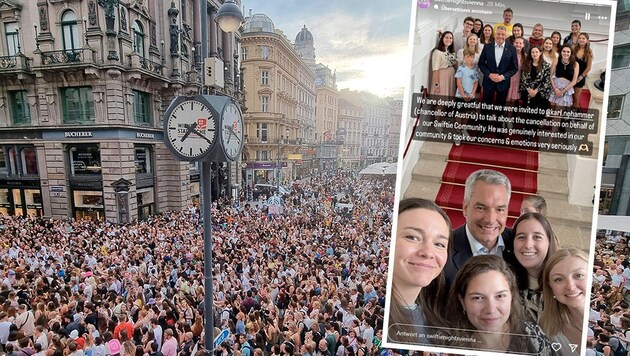 Chancellor Karl Nehammer spontaneously comforted a delegation of Swifties on Friday and became "one with a bracelet" himself. (Bild: Krone KREATIV/APA/Wolfgang Hauptmann; instagram.com/swiftienightsvienna;,)