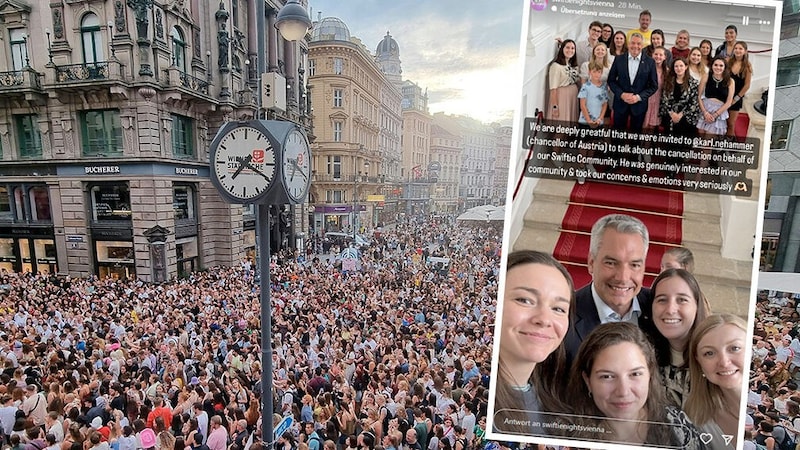 Kanzler Karl Nehammer tröstete am Freitag spontan eine Delegation von Swifties und wurde dabei selbst „einer mit Armbändchen.“ (Bild: Krone KREATIV/APA/Wolfgang Hauptmann; instagram.com/swiftienightsvienna;,)