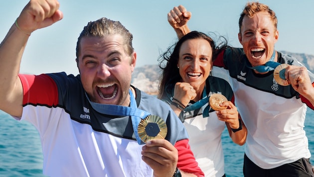 Valentin Bontus, Lara Vadlau and Lukas Mähr won gold for Austria in Paris. (Bild: GEPA, krone.at-MRGrafik)