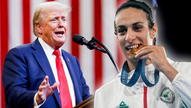 Werden wohl keine Freunde fürs Leben mehr: US-Präsident Donald Trump und Box-Olympia-Siegerin Imane Khelif (Bild: ASSOCIATED PRESS, APA/Getty Images via AFP/GETTY IMAGES/Michael Ciaglo)