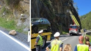 Dieser Stein donnerte auf das Auto, das schließlich abgeschleppt werden musste. (Bild: ZOOM Tirol)