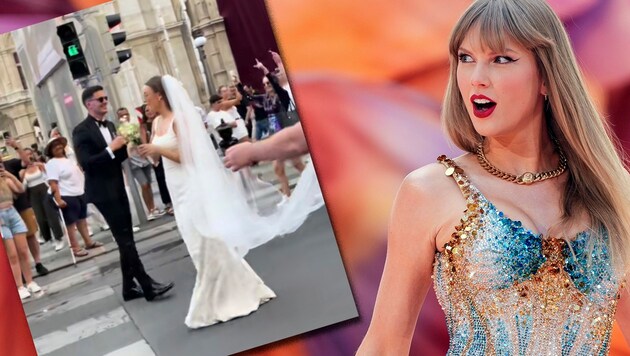 What a wonderful moment! Numerous "Swifties" celebrated a bridal couple in Vienna with the Swift hit "Love Song". (Bild: Krone KREATIV/Screenshot tiktok.com/@thea_touma, APA/Scott A Garfitt/Invision/AP)