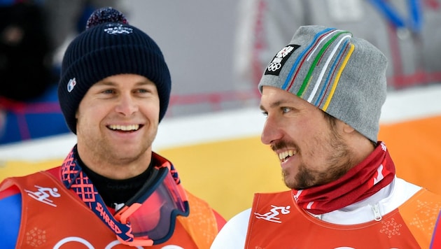 Alexis Pinturault (links) darf sich auch auf ein Wiedersehen mit Marcel Hirscher freuen.  (Bild: AFP/APA/Fabrice COFFRINI)