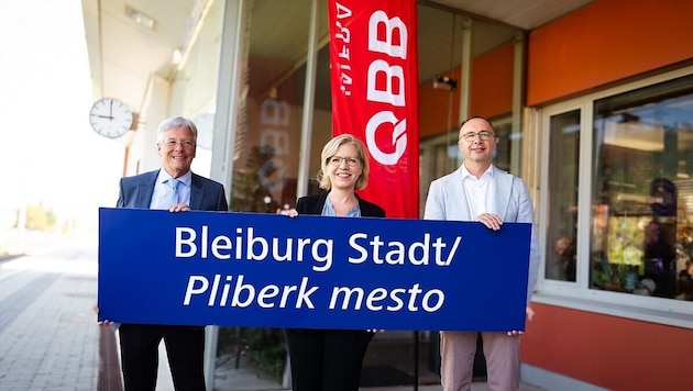 Landeshauptmann Peter Kaiser, Bundesministerin für Klimaschutz Leonore Gewessler und der Vorstand der ÖBB-Infrastruktur AG Johann Pluy. (Bild: ÖBB/ evmedia)