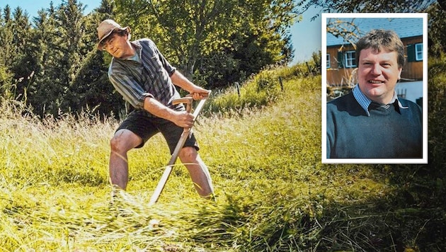 Das Mähen mit der Sense (hier ein Symbolbild) beherrschte Hermann Schanzl seit seiner Kindheit.  Jetzt kam es dabei zum Horror-Unfall. (Bild: Krone KREATIV/Ertl, zVg)