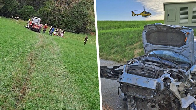 Das Auto der Steirerin stürzte über eine steile Böschung ab (links), der C17 war im Einsatz. (Bild: Krone KREATIV/FF Semriach)