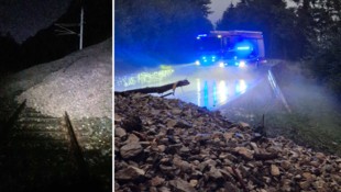 Links der Murenabgang auf die Karwendelbahnstrecke. Im rechten Bild die B171 Tiroler Straße ...