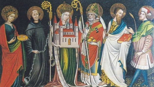 The six saints panel by Thomas von Villach (around 1470/1480; the original can be seen in the Villach City Museum) shows Lucia, Leonhard, Empress Kunigunde with the model of Bamberg Cathedral, Nicholas, Bartholomew and Briccus. (Bild: Stadtmuseum Villach)