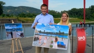 „Natur statt Immobilienspekulation“: SPÖ-Landesrat Sven Hergovich und Korneuburgs Vizebürgermeisterin Bernadette Haider-Wittmann wollen eine Donauinsel. (Bild: Molnar Attila)