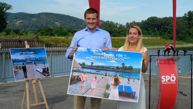 „Natur statt Immobilienspekulation“: SPÖ-Landesrat Sven Hergovich und Korneuburgs Vizebürgermeisterin Bernadette Haider-Wittmann wollen eine Donauinsel. (Bild: Molnar Attila)