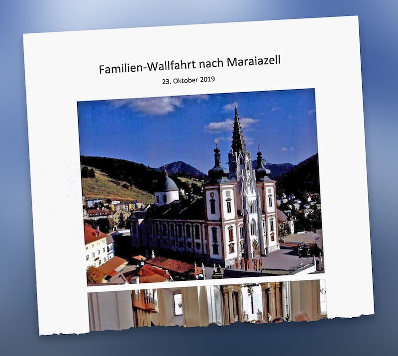 Ausriss aus dem mehrseitigen Grafik-Entwurf einer „Familien-Wallfahrt“: Die Generalsekretärin erteilte private Aufträge.  (Bild: Krone KREATIV/zVg.)