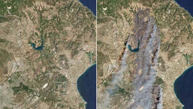 Links sieht man das Gebiet vor, rechts während des Brandes auf Satellitenaufnahmen. Nahe Athen verbrannten 85.000 Hektar Land. (Bild: AFP)