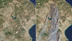 Links sieht man das Gebiet vor, rechts während des Brandes auf Satellitenaufnahmen. Nahe Athen verbrannten 85.000 Hektar Land. (Bild: AFP)