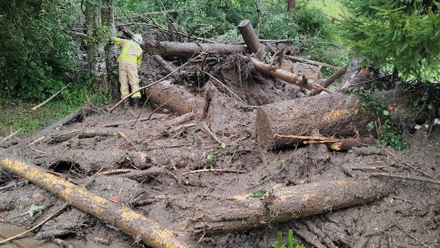 In Schwendau kam es unter anderem zu diesem Murenabgang. (Bild: zoom.tirol)