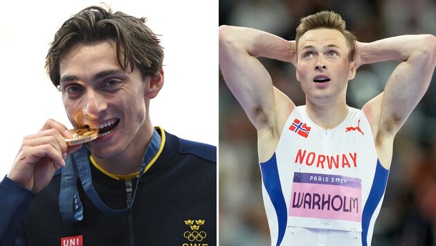 Armand Duplantis (left) and Karsten Warholm compete against each other. (Bild: APA/AFP/Kirill KUDRYAVTSEV, ASSOCIATED PRESS)