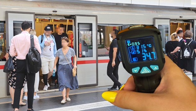 Many public transport passengers rely on their water bottles and are happy to be able to leave the overheated carriages. (Bild: Krone KREATIV/Zwefo, Viktoria Graf)