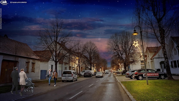 Aus vier Varianten der Straßenbeleuchtung im Advent können ab sofort die Bewohner von Schattendorf auswählen. (Bild: MK Illumination)