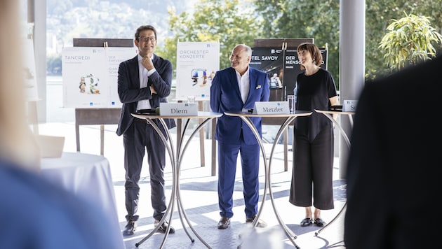 Commercial Director Michael Diem, Festival President Hans-Peter Metzler and outgoing Artistic Director Elisabeth Sobotka. (Bild: Bregenzer Festspiele / Lisa Mathis)