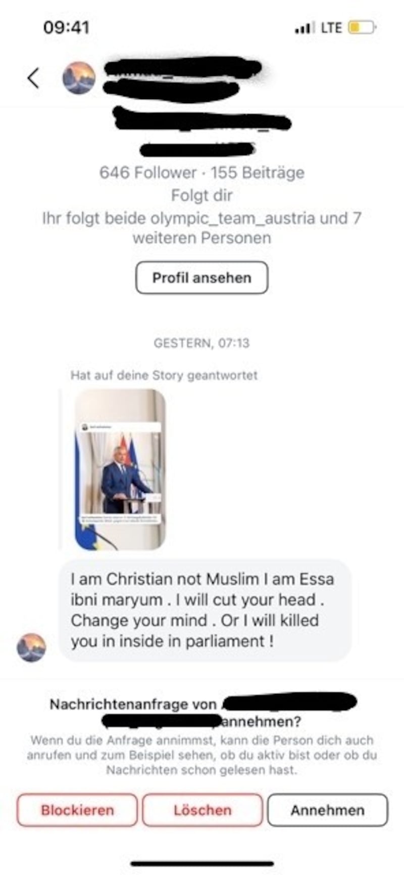 Der Afghane schrieb Nehammer auf Instagram. (Bild: Screenshot)