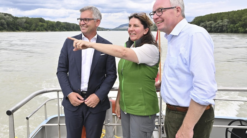 Finanzminister Magnus Brunner, Nationalpark-Chefin Edith Klauser und Landesrat Stephan Pernkopf (v.li.) frohlocken ob der angepeilten Renaturierung an der Donau. (Bild: NLK Filzwieser)