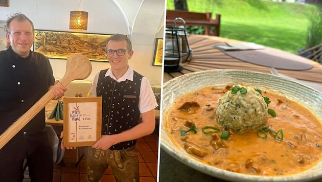 Kacper Stopyra and Udo Woschank are proud of their 1st place (left). Chanterelles searched for, found and deliciously prepared (right). (Bild: Klaus Loibnegger)