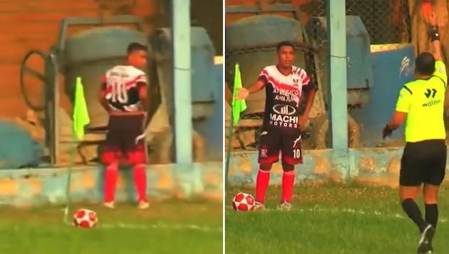 Sebastián Muñoz urinated at the corner flag and was shown the red card. (Bild: twitter.com/perulytics)
