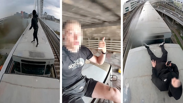 Mitten in der Bundeshauptstadt surft der junge Mann auf dem Dach einer U-Bahn. Etwa hier auf der Donaustadtbrücke oder auf einem Zug der U4. (Bild: Krone KREATIV/Instagram)