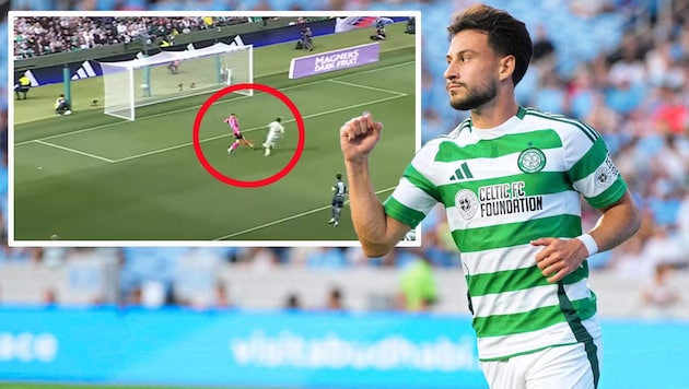 Things are going well for Nicolas Kühn at Celtic Glasgow, even if they're not always pretty. (Bild: AFP/AFP, YouTube.com/Premier Sports)