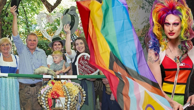 The Neustift Kirtag stands for tradition. Drag queen Candy Licious (right) wants to give the event a new image. (Bild: Krone KREATIV/Tomschi, Alex Schwarz)