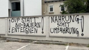 Parolen gegen die Wiener Neustädter Ostumfahrung und die Enteignung der Bauern für das Straßenbauprojekt „zieren“ jetzt einen Privatparkplatz in den Innenstadt.  (Bild: Günter Tschank)