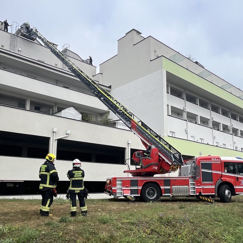 Mit der Drehleiter wurde der verletzte Dieb „gerettet“. (Bild: Lukas Derkits / Feuerwehr Wiener Neudorf)