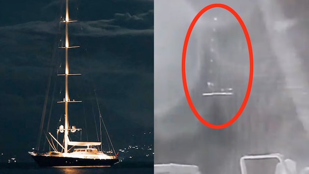 Die Segeljacht „Bayesian“ war am 19. August vor der Küste der italienischen Mittelmeerinsel Sizilien in einem Sturm (das Bild rechts zeigt eine Aufnahme einer Überwachungskamera, die das Schiff kurz vor seinem Kentern zeigt) gesunken. (Bild: Krone KREATIV/APA/AFP/BAIA Santa Nicolicchia/Fabio la Bianca x.com/TrueCrimeUpdat)