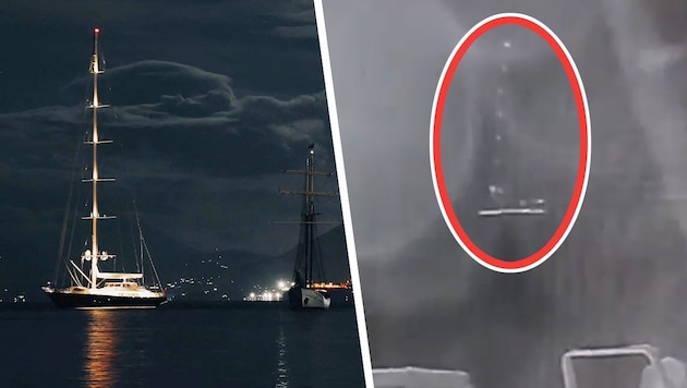 The last pictures of the Bayesian shortly before it sank. (Bild: Krone KREATIV/x.com/TrueCrimeUpdat, APA/AFP/BAIA Santa Nicolicchia/Fabio la Bianca)