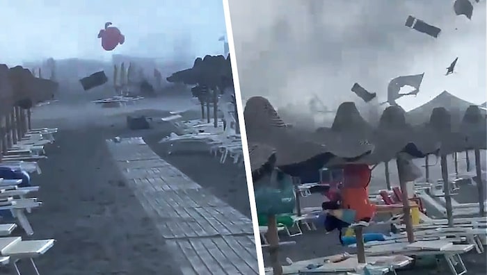 The tornado whirled parasols and sun loungers through the air - causing tourists to panic.