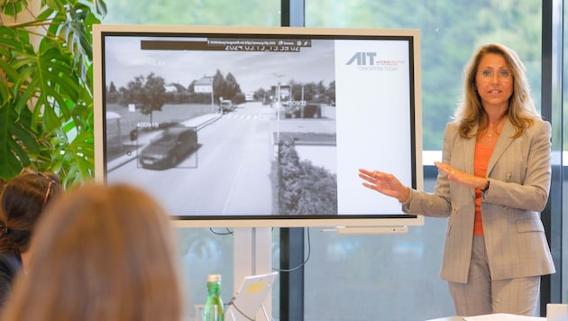 Marion Seidenberger vor einer ausgewerteten Gefahrensituation vor einer Volksschule. (Bild: Einöder Horst)