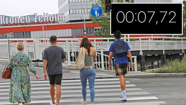 If you want to reach the opposite sidewalk at Heiligenstädter Brücke during the green phase, you almost have to start sprinting. You only have less than eight seconds to do so. (Bild: Krone KREATIV/Martin Jöchl)